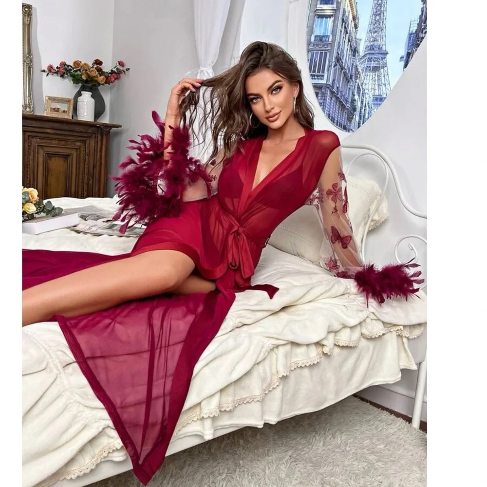 Butterfly and Floral Embroidered Feather Belted Robe ๐ - Picture 3 of 7